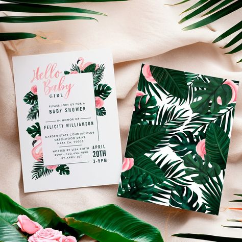 Tropical Pink Flamingo Rose Baby Shower Invitation Summer Baby Shower Themes, Flamingo Invitation, Watercolor Botanicals, Stylish Baby Boy, Flamingo Baby Shower, Blue Flamingo, Stylish Baby Girls, Boy Shower Invitations, Baby Shower Invitations Design