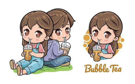 Chibi Drinking Pose, Notes Stickers, Bubble Tea Shop, Tea Logo, Chibi Couple, Girl Cartoon Characters, Business Labels, S Love Images, Girl Character