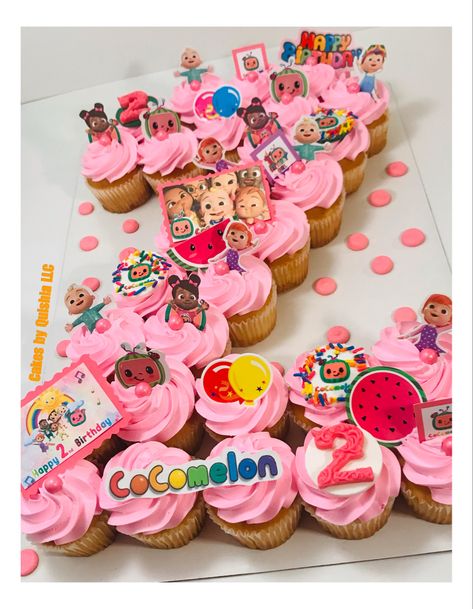 Cocomelon Cupcakes Ideas, Cocomelon Pull Apart Cupcakes, Cupcake Cocomelon, Cocmelon Birthday Girl, Cocomelon Birthday Cupcakes, Pink Cocomelon Cake, Cocomelon Second Birthday Ideas, Pink Cocomelon Party, Cocomelon Cupcake Ideas