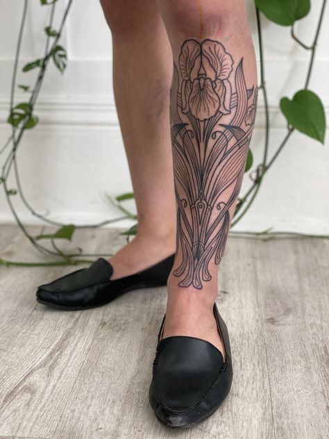 Art Nouveau Floral Tattoo, Art Nouveau Tattoo Design, Iris Flower Tattoo, Scripture Tattoos, Art Deco Tattoo, Lower Leg Tattoos, Art Nouveau Tattoo, Iris Tattoo, Nouveau Tattoo