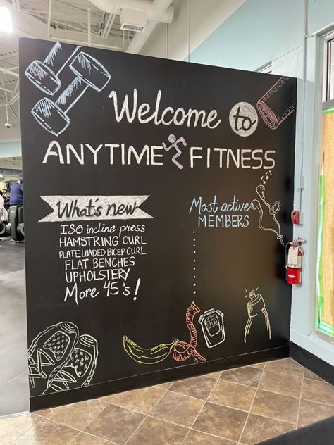 Visit website for more portfolio Gym Whiteboard Ideas, Gym Chalkboard Ideas, Anytime Fitness Chalkboard, Gym Chalkboard, Summer Chalkboard Art, Wall Chalkboard, Blackboard Drawing, Easter Chalkboard, Gym Design Interior