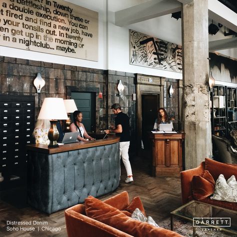 Our Distressed Denim makes a stunning statement at the iconic Soho House in Chicago. The rich, textured look of this leather adds the perfect sense of character, blending effortlessly with the stylish, industrial inspired interiors of Soho House. #GarrettLeather #SohoHouse #DistressedDenim #LuxuryLeather #InteriorDesign #HospitalityDesign #ReceptionStyle #LeatherUpholstery Soho House Chicago, Finding A New Job, Inspired Interiors, 7th Anniversary, Soho House, Perfect Sense, Hospitality Design, Chicago Illinois, Anniversary Celebration