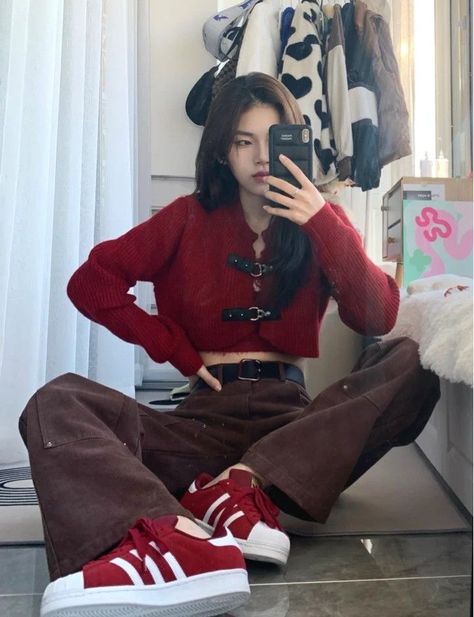 Red Outfit Korean, Color Combos Outfit, Red Outfit, Money Bag, Teenage Fashion Outfits, Kpop Outfits, Korean Outfits, Casual Style Outfits, Teen Fashion