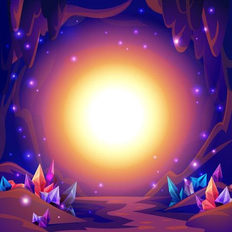 Magic cave | Premium Vector #Freepik #vector #nature #mountain #rock #magic Cave With Crystals, Fairy Landscape, Magic Background, Mountain Rock, Fairies Flying, Crystal Background, Landscape Vector, Vector Nature, Fairy Silhouette