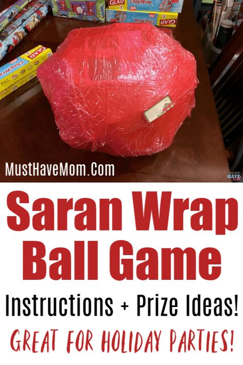 Saran wrap ball game how to make and play the game for adults or kids + filler ideas! Great Christmas party game! Wrap Ball Game, Saran Wrap Ball, Saran Wrap Ball Game, Christmas Gift Games, Game Night Parties, Xmas Games, Eve Game, Fun Christmas Party Games, Fun Christmas Games