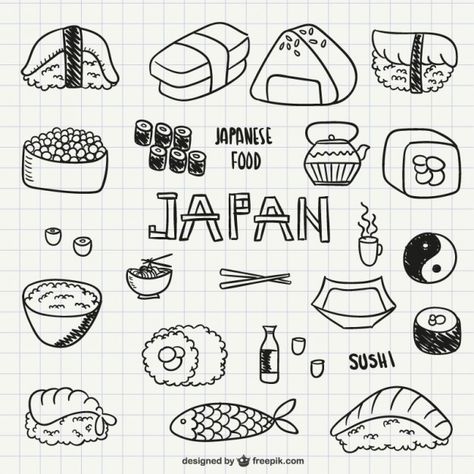 Japanese food and sushi | Free Vector #Freepik #freevector #food #icon #icons #japanese Asian Food Doodles, Tiny Sushi Tattoo, Asian Food Drawing, Japanese Drawing Simple, Japanese Doodles, Bullet Journal Japan, Sushi Tattoo, Sushi Drawing, Japanese Food Illustration