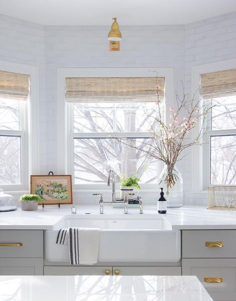 Farm Sink In Bay Window - Transitional ... Backsplash Window, Kitchen Garden Window, Brick Kitchen Backsplash, Kitchen Bay Window, Gray Backsplash, Kitchen Gray, Garden Window, Brick Kitchen, Brick Backsplash