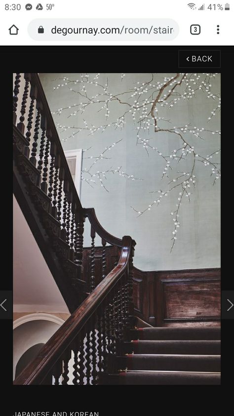 Blossoms tree branch Wallpaper Staircase, Staircase Wallpaper, Hallway Wallpaper, Country House Wedding Venues, Staircase Wall, Hand Painted Wallpaper, Chinoiserie Wallpaper, Wallpaper Image, Hand Painted Walls