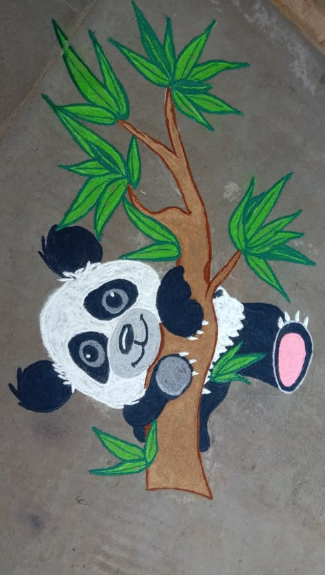 Panda Rangoli Designs, Rangoli Cartoon Design, Cartoon Rangoli Designs Latest, Panda Rangoli, Potrait Rangoli Designs, Butterfly Rangoli Design, Rangoli Designs Cartoon, Animal Rangoli, Cartoon Rangoli Designs Diwali