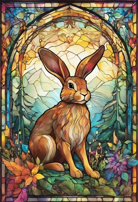 A stained glass rabbit sitting in a stained glass window - SeaArt AI Stained Glass Rabbit, Rabbit With Antlers, Fantasy Art Style, Rabbit Sitting, Fur Texture, Horror Artwork, Painting Accessories, Bunny Art, Creatures Of The Night