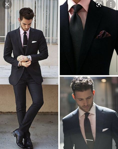 Black Suit Pink Shirt, Black Suit Combinations, 1950s Fashion Men, Pink Suit Men, Trousers Outfit Men, Pink Shirt Men, Eid Shopping, Formal Suits Men, Formal Dresses For Men