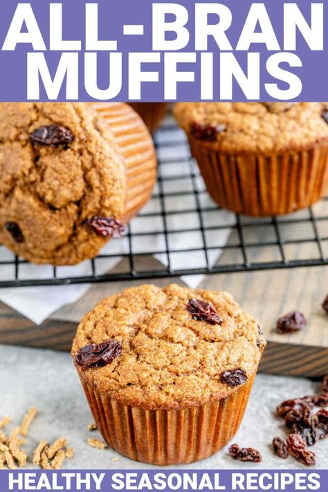 Begin your day with a wholesome Bran Muffin with raisins and you will be off to a great start. These high-fiber muffins are made with whole grains, sweet raisins and wheat bran cereal for a nutritious snack or breakfast. Bran Muffins With Raisins, Fiber Muffins, Muffins With Raisins, Wheat Bran Muffins, All Bran Muffins, High Fiber Muffins, Fiber Muffin, Bran Muffins Healthy, Raisin Bran Muffins