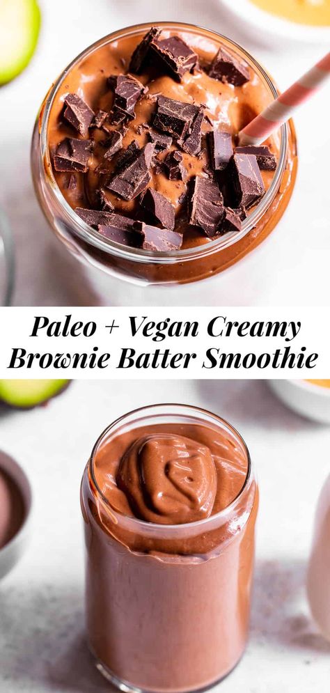 This creamy brownie batter chocolate smoothie is packed with good for you ingredients but tastes like dessert!  Have it for breakfast, a snack, or healthy dessert.  It's paleo friendly, dairy free, vegan and free of refined sugar.  Add your favorite chocolate protein powder for an extra chocolate kick! #paleo #vegan #cleaneating Paleo Chocolate Recipes, Paleo Baking Recipes, Best Vegan Protein Powder, Chocolate Protein Smoothie, Chocolate Smoothie Recipes, Smoothie Popsicles, Cheesecake Smoothie, Paleo Drinks, Best Vegan Protein