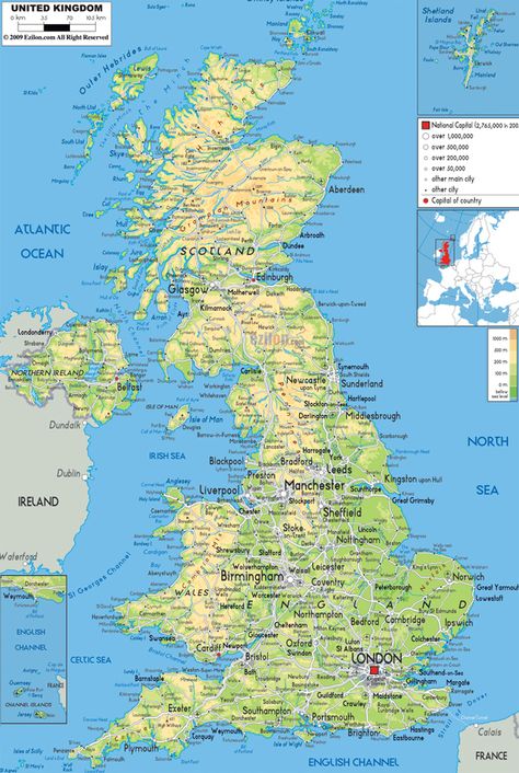 Large detailed physical map of United Kingdom Physical Map, All Countries, The United Kingdom, United Kingdom, England, Map