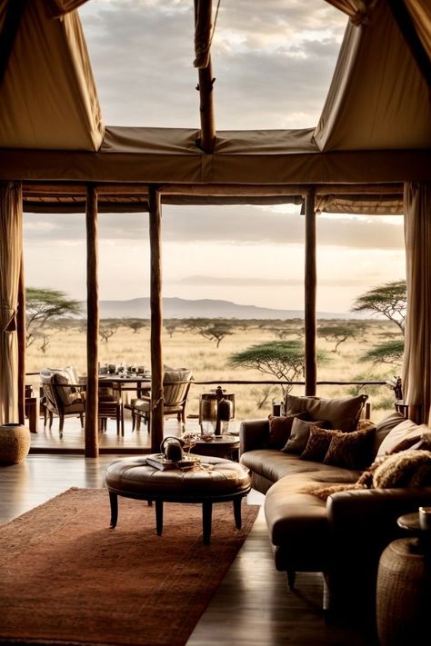 Luxury Safari Lodge Interior, Safari Lodge Design, Safari Style Interior, Safari Lodge Interior, Safari Living Rooms, African Houses, Safari House, Safari Aesthetic, Desert Hotel