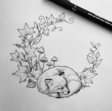 Fox And Bee Tattoo, Black And Gray Fox Tattoo, Woodland Creature Tattoo Ideas, Fox Sleeping Tattoo, Geometric Fox Tattoo Design, Autumn Fox Tattoo, Autumn Fox Drawing, Fox Nature Tattoo, Cottagecore Tattoo Design