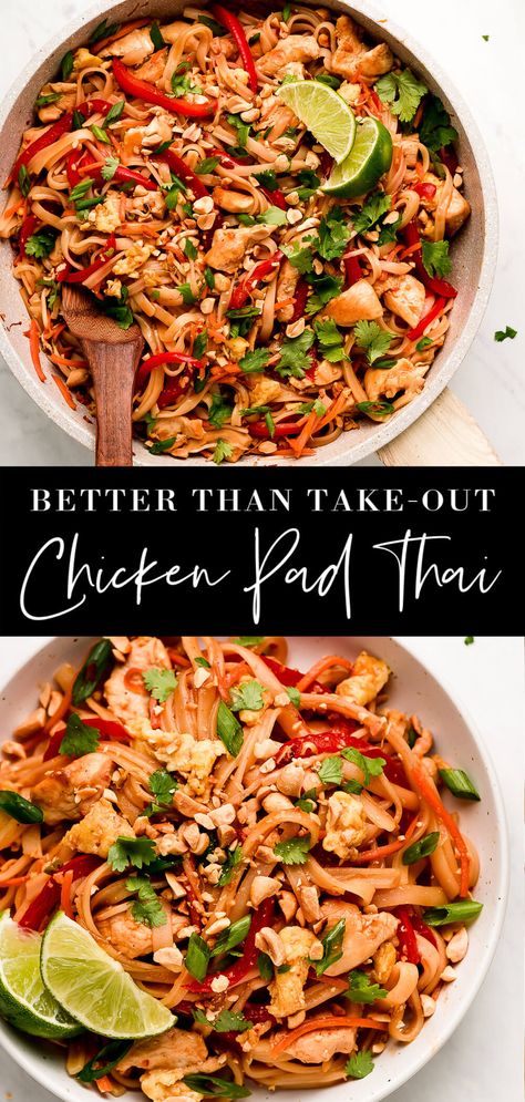 Chicken Pad Thai is a flavorful noodle stir-fry full of vegetables, chicken, rice noodles, eggs, and peanuts in a sweet and savory sauce. Make this popular dish at home in just 30 minutes! #thaifood #stirfry #asianrecipe | GarnishandGlaze.com Gluten Free Chicken Pad Thai, Dairy Free Thai Recipes, Thai Freezer Meals, Pad Thai Casserole, Sweet Thai Noodles, Chicken And Shrimp Pad Thai, Homemade Chicken Pad Thai, Brown Rice Pad Thai Noodle Recipes, Pad Thai Recipe No Peanut