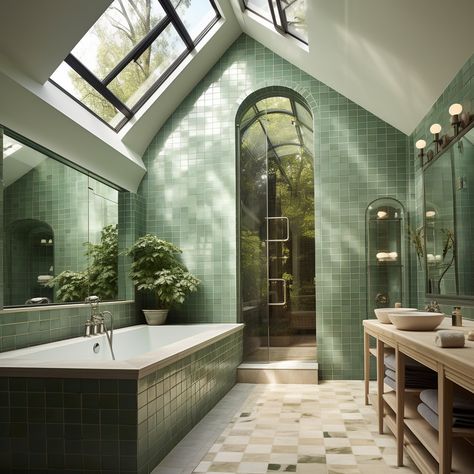 Glass Roof Bathroom, In Floor Bathtub, Skylight Shower Ideas, Stained Glass In Bathroom, Bathroom Remodel No Window, Green House Interior Design, Artwork In Bathroom, White Wood Walls, Cool Bathrooms