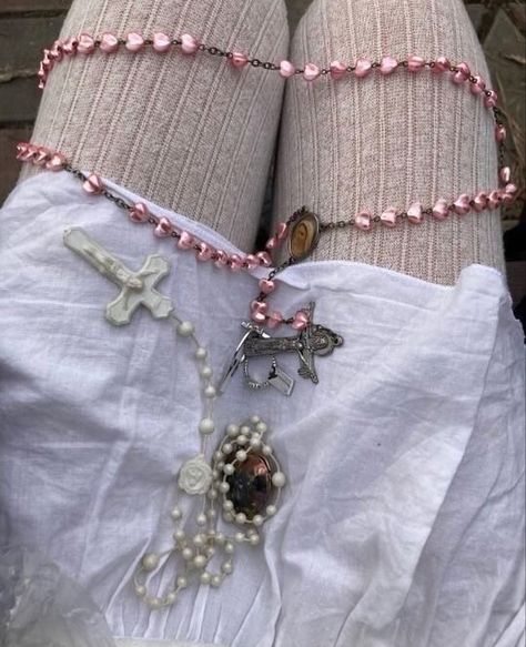 Esoteric Outfit, Pink Rosary, Coquette Core, Angel Energy, Holy Mary, Foto Ideas Instagram, Doll Parts, God Loves You, White Skirt