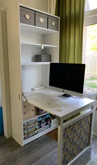 Fold Out Desk Bookshelf, Ivar Folding Table, Hidden Desk In Living Room, Ikea Folding Desk, Hidden Desk Ideas, Fold Up Desk, Ikea Bookshelf, Murphy Desk, Desk Ikea