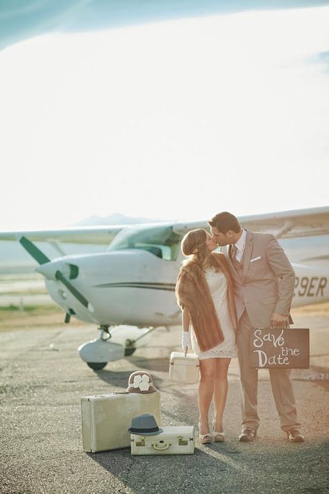 Most Creative Themed Engagement Photos ❤ See more: http://www.weddingforward.com/themed-engagement-photos/ #weddings Aviation Wedding Theme, Hangar Wedding, Safe The Date, Aviation Wedding, Themed Engagement Photos, Aviation Theme, Travel Theme Wedding, Engagement Poses, Wedding Forward