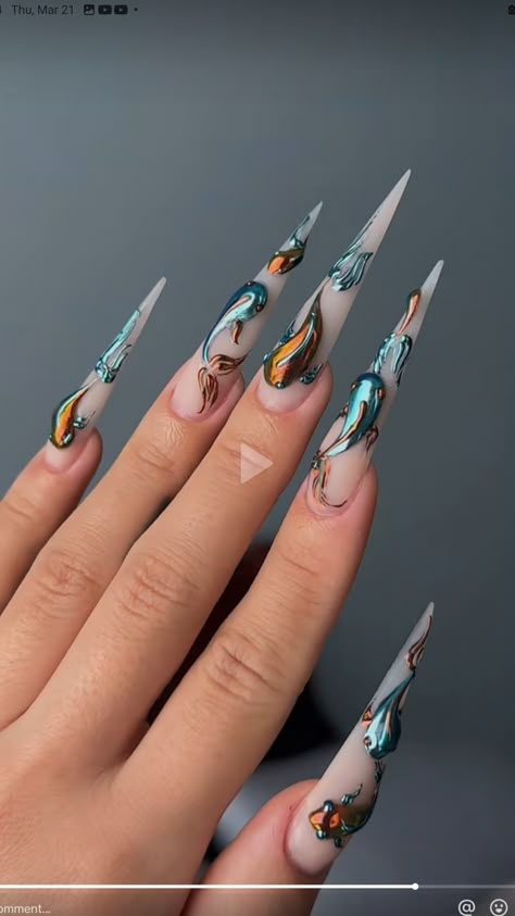 Fish Nail Art, Fish Nails, Stilleto Nails Designs, Nail Techniques, Nail Designs Tutorial, Grunge Nails, Glow Nails, Pretty Nail Designs, Nail Art Designs Videos