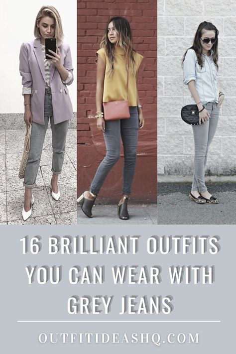 Here are 16 brilliant outfit ideas featuring grey jeans. Find out how to wear grey jeans with oversized blazer, grey jeans with graphic t-shirt, grey jeans with floral top, grey jeans with patterned blouse, grey jeans with denim shirt, grey jeans with moto jacket, grey jeans with black blazer, grey jeans with lace top and much more. Find ideas for the best accessories that go with grey jeans via OutfitIdeasHQ Tops For Grey Jeans, Grey Jeans Spring Outfit, Grey Jeans Outfits For Women, Gray Jean Outfits Women, Grey Wide Jeans Outfit, Gray Washed Jeans Outfit, Gray Denim Pants Outfit, How To Style Gray Pants, How To Wear Grey Jeans