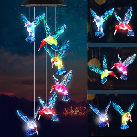 Solar Wind Chime, Wind Chimes Night Lights, Christmas Decor Patio, Patio Christmas Decor, Solar Wind Chimes, Hummingbird Gifts, Memorial Wind Chimes, Light Crystal, Solar Wind