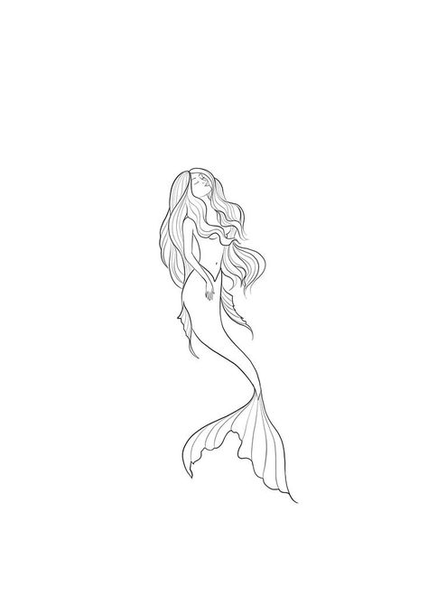 Pretty Mermaid Tattoo, Mermaid Tiny Tattoo, Simple Mermaid Tattoo Ideas For Women, H2o Just Add Water Tattoo, Mermaid Tattoo Outline, Mermaid Outline Drawing, Dainty Mermaid Tattoo, Mermaid Fine Line, Mermaid Line Tattoo