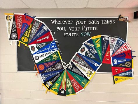 Scholarship Display Bulletin Boards, Career Center Bulletin Boards, Post Secondary Bulletin Board, Career Bulletin Boards Middle School, Elementary College Bulletin Board, College Counseling Office Decor, College Counselor Office Decorating Ideas, College And Career Week Elementary Bulletin Boards, College Go Week Bulletin Boards