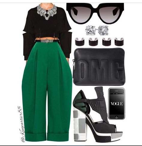 Green Blue And Black Outfit, Emerald Green Pants Outfit Winter, Green Slacks Outfit Women, Green Black Outfit, Green And Black Outfits, Black And Green Outfit, Gold And White Outfit, Eclectic Grunge, Singer Outfits