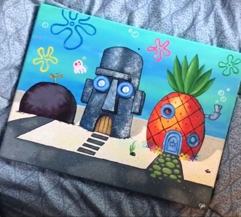 Cute Easy Paintings, Spongebob Drawings, Disney Canvas Art, Spongebob Painting, Gold Art Painting, Easy Cartoon Drawings, Canvas Art Projects, Disney Art Drawings, Simple Canvas Paintings