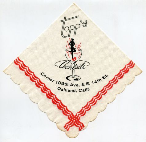 Vintage Cocktail Napkin | Topp's Cocktails Corner 105th Ave.… | Flickr Cocktail Branding, Vintage Cocktail Illustration, Cocktail Vintage Illustration, Art Deco Packaging, Vintage Cocktail Party Invitations, Cocktail Napkin Design, Vintage Shrimp Cocktail, Vintage Cocktail Napkins, Wine Graphic