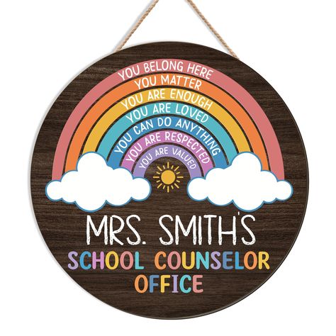 PRICES MAY VARY. Personalized Teacher Sign: Customer will customize this teacher sign with name or any text, solid or liquid chark is suggested. Wet cloth can erase surface very cleanly. Welcome classroom teacher door sign features personalized teacher name design, with attractive and colorful patterns, consists of warmth words "Welcome to School Counselor classroom. You belong here, you matter, you are enough", create an artistic and lively atmosphere for back to school classroom decorations. W School Counselor Door Wreath, School Counselor Door Sign, School Counselor Classroom, School Counselor Door, Counselor Door Sign, Classroom Wreath, Psychologist Office Decor, Psychologist Office, Office Door Signs