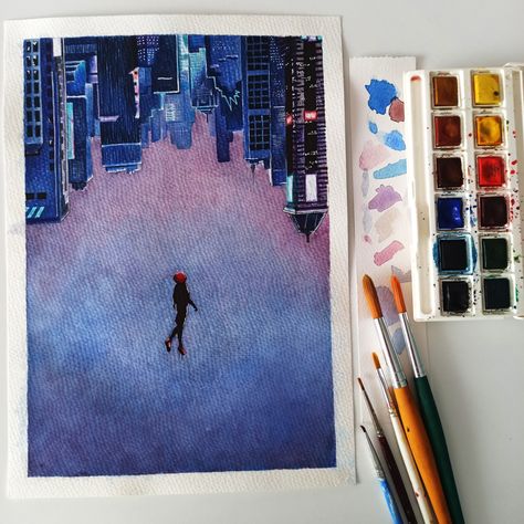 Marvel Watercolor Art Easy, Miles Morales Watercolor, Miles Morales Painting Canvas, Across The Spider Verse Painting, Marvel Paintings On Canvas, Spider Verse Painting, Painting Ideas Marvel, Spider Man Watercolor, Spiderman Into The Spiderverse Art