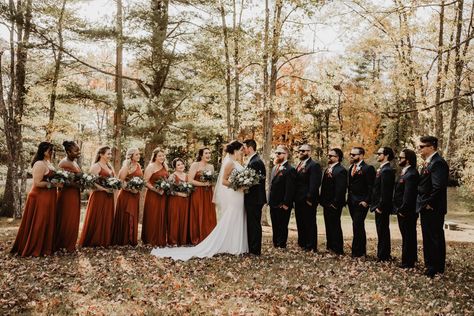 Beautiful fall wedding colors and rust orange bridesmaids dresses, grooms suits at rustic elegant barn wedding venue at allrose farm in new england, New hampshire fall leaves, bridal party photo credit lexi foster Rust And Sage Bridal Party, Rusty Orange Bridesmaid Dresses Fall Wedding, Rust Orange Bridal Party, Rust Orange Wedding Party, Rust Wedding Party Attire, Rust Wedding Party Groomsmen, Rust Color Groomsmen Attire, Black And Rust Groomsmen Attire, Copper Bridal Party