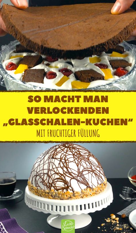 So macht man verlockenden „Glasschalen-Kuchen“. Cremige Kuppeltorte aus der Schale, mit Himbeeren und Ananas. #kuppeltorte #himbeeren #ananas #ganache #torte #schokokuchen German Cake, German Food, Cupcake Muffins, Desert Recipes, Marzipan, Kitchen Aid, Food And Drink, Dessert, Baking