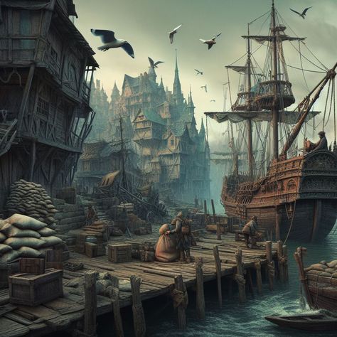 D&d Pirate Ship, Bilgewater Concept Art, Pirate Hideout Concept Art, Dnd Ship Art, Tortuga Pirates, Waterdeep Art, Pirate Ship Concept Art, Fantasy Harbor, Medieval Harbor