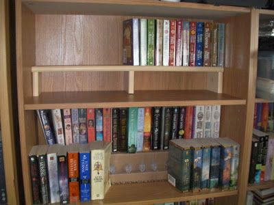 Old and new Bookshelf risers Deep Book Shelf Organization, Book Risers Diy, Shelf Risers Diy, Shelf Risers Ideas, Diy Shelf Riser, Library Goals, Diy Dvd, Apartment Upgrades, Shelf Riser