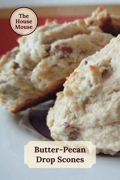 Butter Pecan Scones Recipe, Dropped Scones Recipe, Butter Pecan Scones, Easy Drop Scones Recipe, Turtle Scones, Bisquick Scones, Pecan Scones Recipe, Drop Scones Recipe, Butter Scones