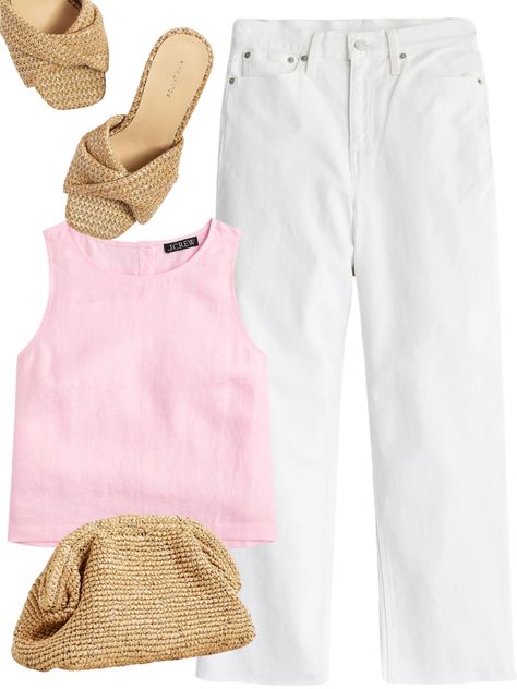 Pink linen top outfit to wear this spring by Desiree Leone of Beautifully Seaside blog. Linen Top Outfit, One Piece Swimsuit Outfit, Linen Dress Outfit, J Crew Outfits, White Wide Leg Jeans, Pink Linen Dress, Striped Linen Dress, Wide Leg Jeans Outfit, Swimsuits Outfits