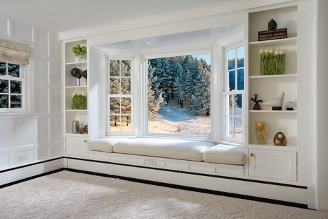 Window With Shelves, Living Room With Bay Window Layout, 90 Models, Window Design Ideas, Bay Window Design, Bay Window Living Room, Bay Window Seat, Window Seat Design, Window Treatments Bedroom