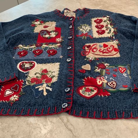 Vintage Grandma’s Heart Cardigan Sweater | eBay 80s Grandma Sweater, Blue Fall Sweater, Autumn Patchwork Cardigan, Vintage Christmas Sweater Outfit, Grandmacore Clothes, Grandma Cardigan Outfit, Grandma Accessories, Grandma Clothes Aesthetic, Vintage Cardigan Outfit