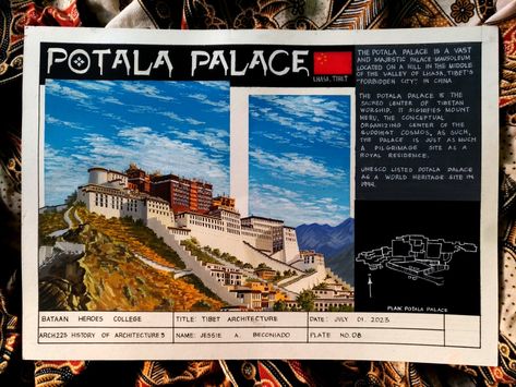 8th Plate in History of Architecture 3. Gouache rendering Architectural Plates Drawing, Architectural Plates Hoa, Concept Board Architecture Manual, History Of Architecture Plates Layout, Architect Plates Drawing, Architecture Plates Layout, History Of Architecture Plates, Architecture Plates, Potala Palace Tibet