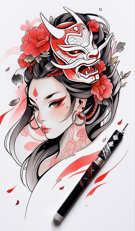 ဂျပန်မ Tattoo, Woman Mask Tattoo, Dragon Mask Art, Asian Girl Tattoo, Dragon Sketch Tattoo, Girl Dragon Tattoo, Girl With Dragon Tattoo, Tato Geisha, Geisha Anime