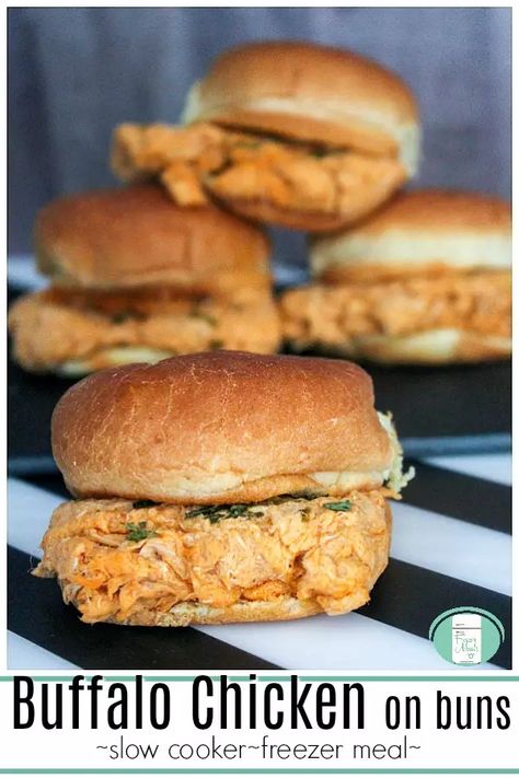 Slow Cooker Buffalo Chicken on Buns - Freezer Meals 101 Buffalo Chicken Recipe, Chicken Freezer, Slow Cooker Buffalo Chicken, Chicken Buns, Shredded Buffalo Chicken, Best Freezer Meals, Chicken Freezer Meals, College Food, Buffalo Chicken Recipes