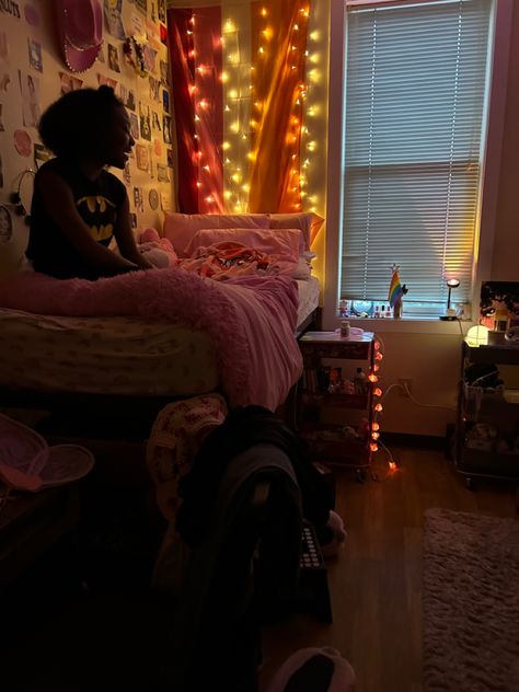 dorm room jan. 2023 #dorm #roomdecor #lesbian #fairy #wallcollage #pink Gremlincore Room, Lesbian Room Ideas, Lesbian Room Decor, Lesbian Bedroom, Lesbian Cottage, Lesbian Room, Small Room Ideas Aesthetic, Cottage Core Lesbian Wallpaper, Room With Lesbian Flag