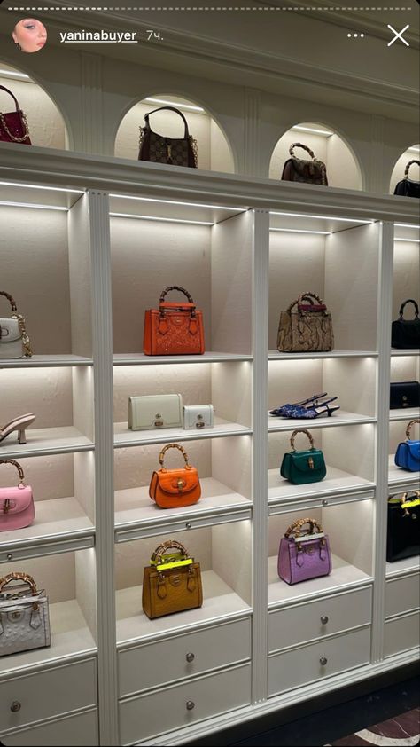 Luxury Bag Collection Closet, Purse Shelves Display, Bag Display Ideas Bedroom, Handbag Display Ideas, Retail Wall Displays, Walk In Closet Inspiration, Bag Shelf, Handbag Display, Fish Wrap