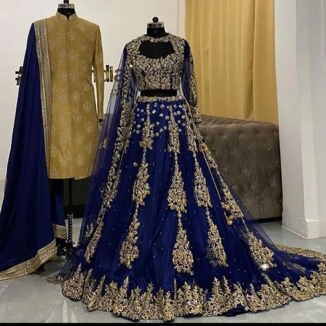 Blue Bridal Lehenga Pakistani, Navy Blue Lengha, Couple Dressing, Royal Blue Lehenga, Couple Dresses, Baju Kahwin, Indian Bridesmaid Dresses, Red Bridal Dress, Latest Bridal Lehenga