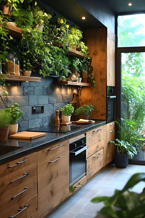 Library Kitchen Combo, Kitchen With Indoor Garden, Kitchen Ideas Plants, Small Green Kitchen Ideas, Popular Everything 2024, 1 Wall Kitchen, Kitchen With Green Walls, Kitchen Ideas Cozy, Small White Kitchen Ideas